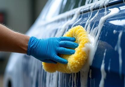 Car exterior being hand washed by a professional